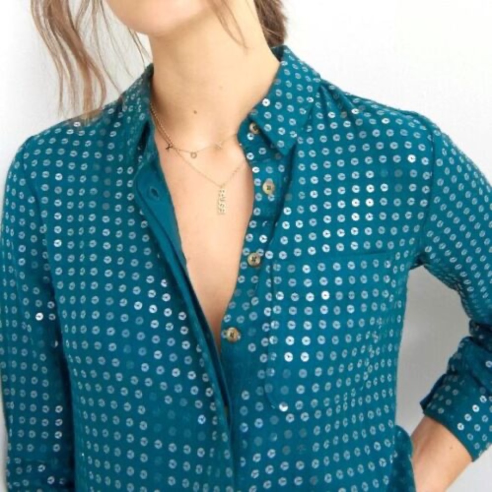 NWT Anthropologie Pilcro James Sequin button-down Small Leaf Green Teal